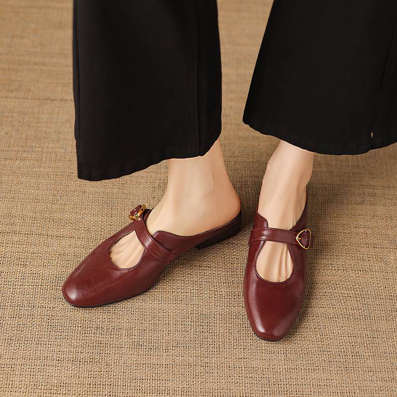 Krazing Pot Cow Skin Round Toe Low Heels Summer Shoes Big Size 42 Ankle Straps Women Pumps