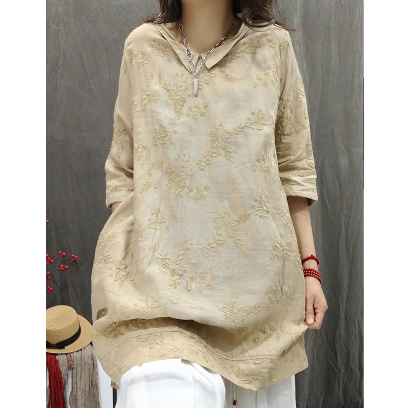 Summer Retro Embroidered Doll Collar Loose Fit Shirt M