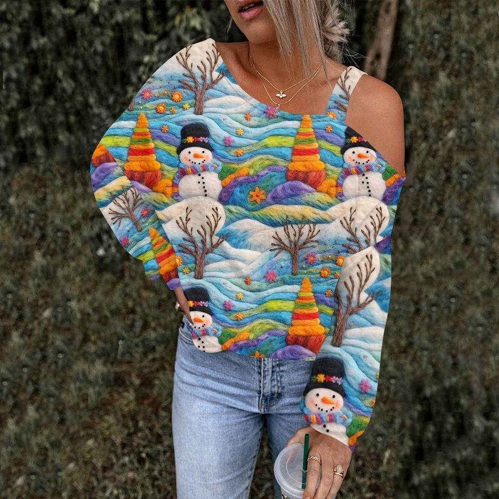 Women's Hollowed Out Fashionable Casual Floral Print Off Shoulder Hoodie Top Christmas