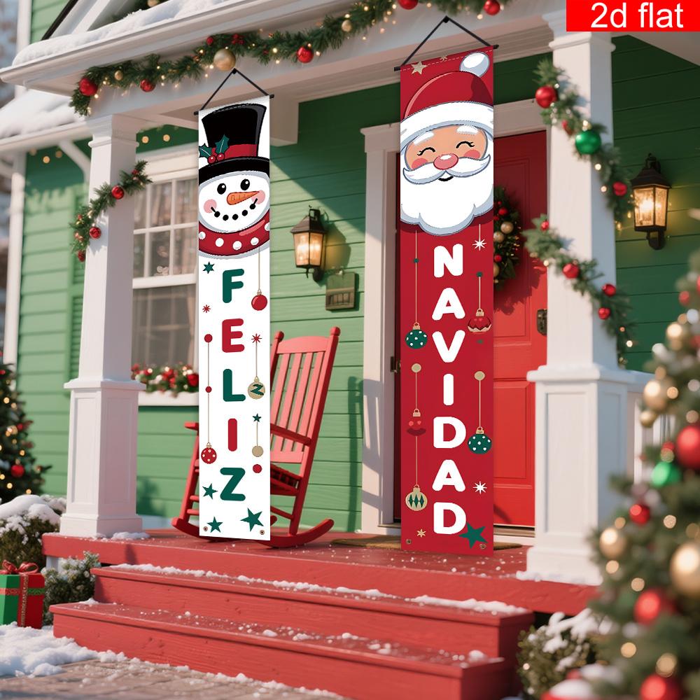 1 Pair Christmas Hanging Banner, 'Feliz Navidad' Doorway Decor with Cute Santa Claus and Snowman, Elegant Outdoor Indoor Decor