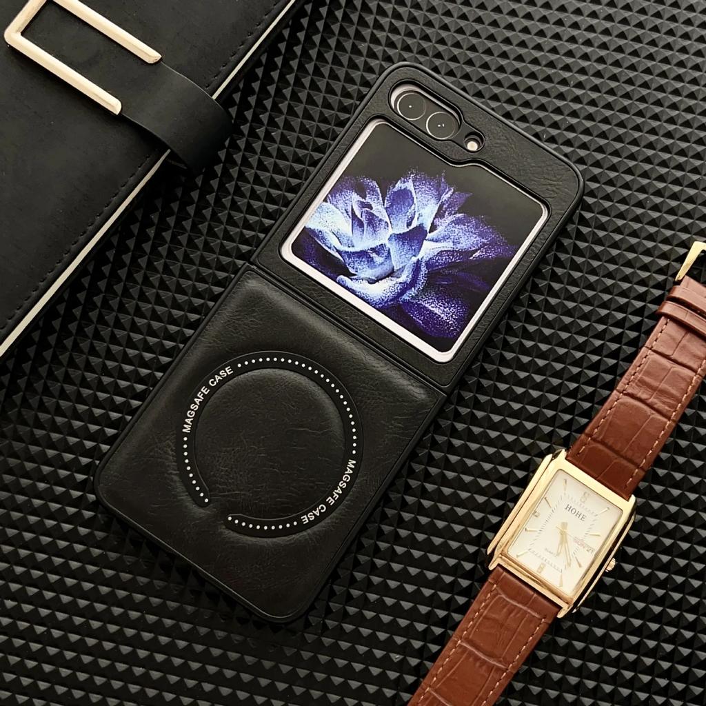 Leather for Magsafe Magnetic Wireless Charge Phone Case for Samsung Galaxy Z Flip 6 5 4 3 Flip5 Flip4 Flip6 5G Shockproof Cover