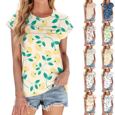 Women's Fashion Casual Short Sleeve Basic Texture Floral Round Neck T-Shirt Cap Sleeve Top
