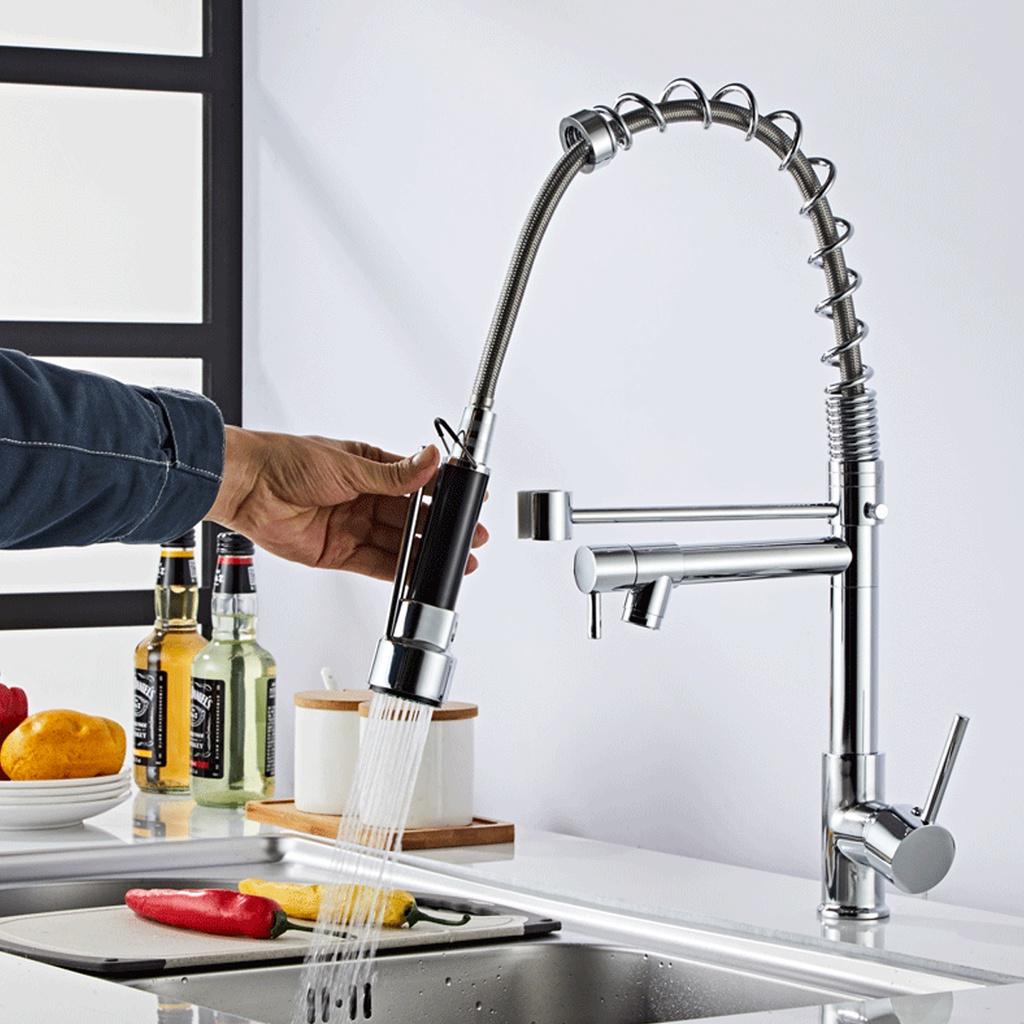 Silver Chrome Polished Deck Mounted Flexible Kitchen Faucets Silver Spring Style Spray Mixers Tap Hot And Cold Kitchen Faucet Pull Out Mixer Tap