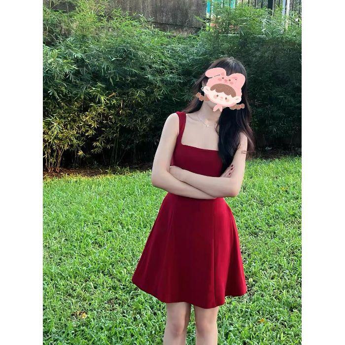 French suspender dress women s new summer pure desire wind sexy waist thin temperament red short dress summer dress S бордовый