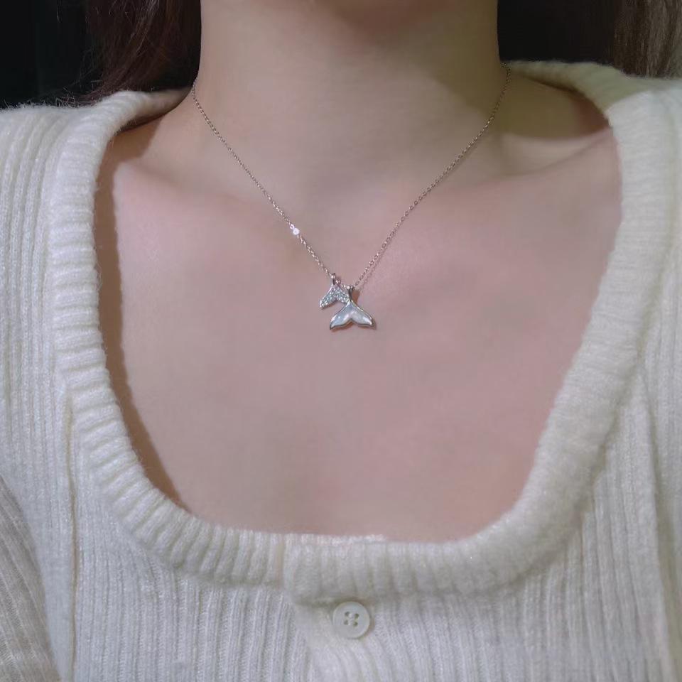 925 Sterling Silver Mermaid Tail Shell Necklace with Diamond Pendant for Women - Fashionable Clavicle Chain Jewelry