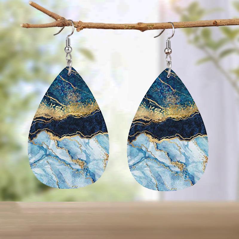 Creative Marble Pattern PU Leather Earrings for Women Abstract Beach Ocean Pattern Tears Earrings Double-sided Pattern Design Lightweight Earrings