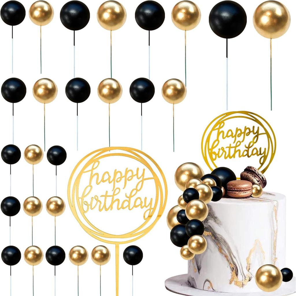 27pcs Pearl Balls Cake Topper Happy Birthday Cake Insert Pick DIYPile Up Insert for Birthday Party Cake Decoration (Black Gold)