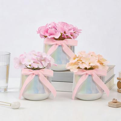 Artificial Flower In Ceramic Vase with Silk Bow Soft Realistic Faux Flower Arrangement Home Desktop Tabletop Decoration
