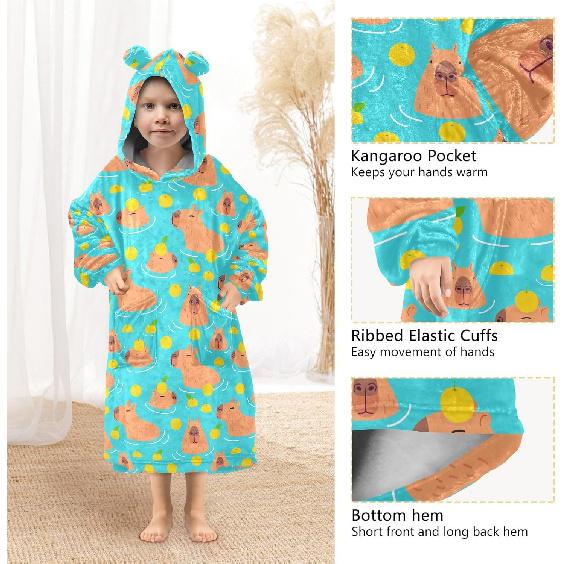Guinea Pigs Flower Wearable Blanket Hoodie for Kids Flannel Wearable Blankets Sweatshirt 3-14YR