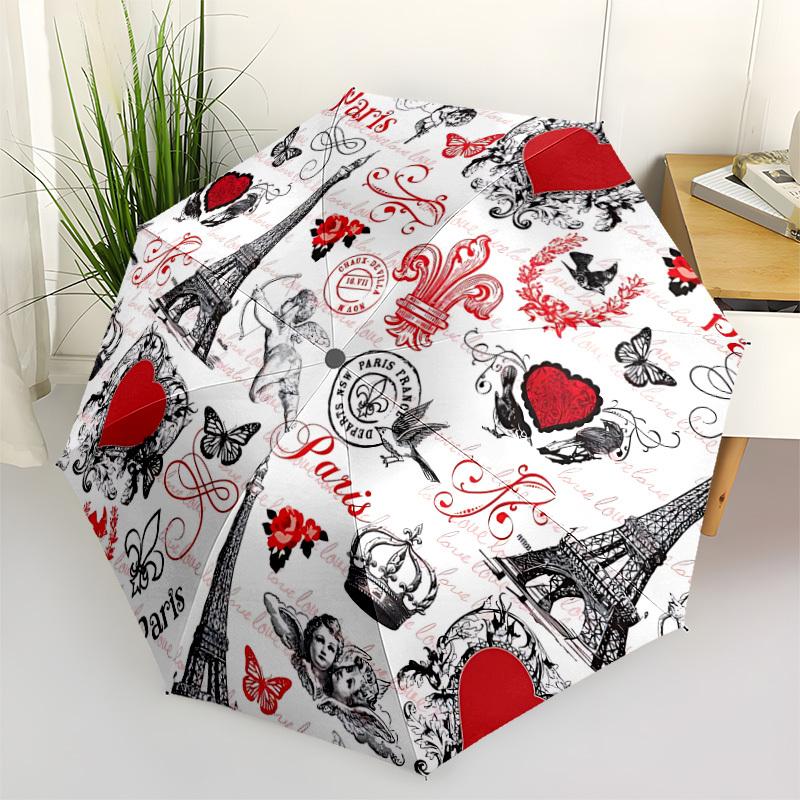 

1pc Paris Love Print Automatic Opening and Closing Folding Umbrella with 8 Iron Ribs - Portable, Foldable for Travel yy251124148