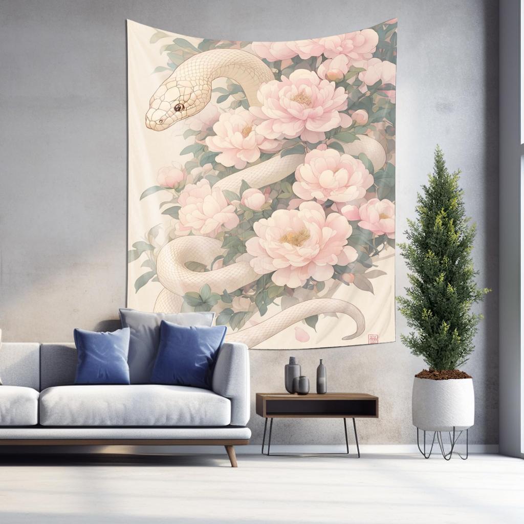 Elegant Snake and Peony Tapestry Beautiful Art Wall Hanging Essential Home Decor