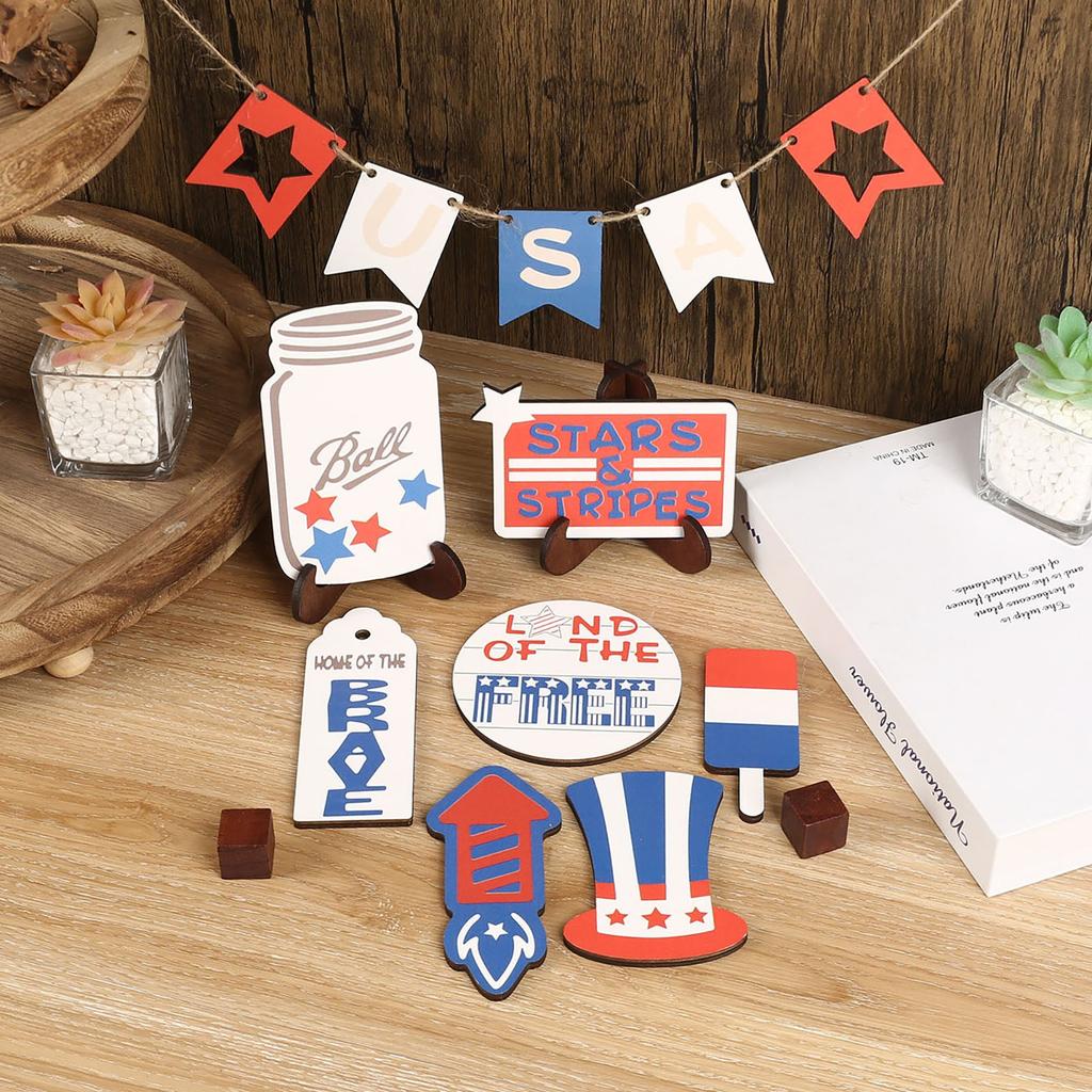 Patriotic Tiered Tray Decor, Independence Day Wooden Sign Decor, American Flag Garland Table Centerpiece, Memorial Day  Decor