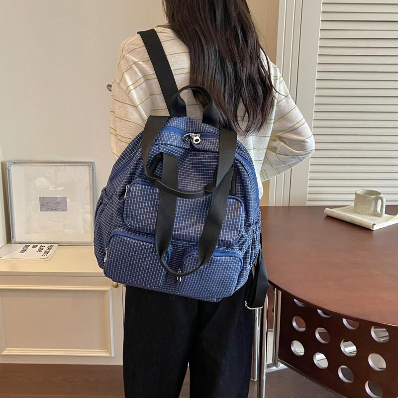 Color Contrast Backpack Women's Large Capacity Commuter Handbag Multi-Functional Plaid Tote Bag