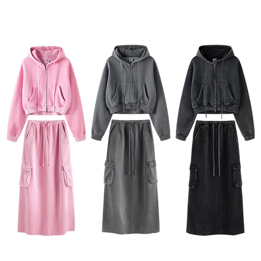 BE Women's 2024 Autumn/Winter Fashion: Hot Girl Washed Cardigan Suit & Short Sports Sweater Dress.