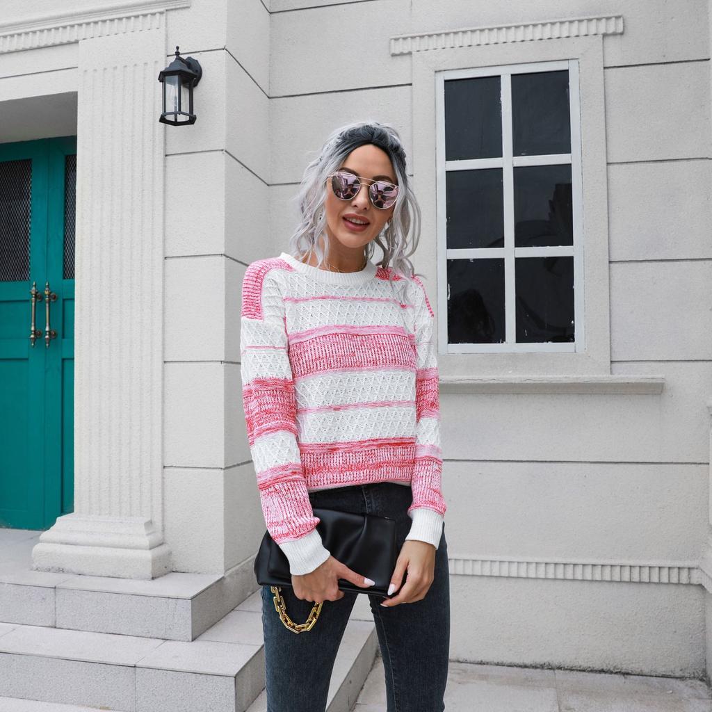 Winter Fall Women Fashion Striped Warm Sweater Loose Slit Knitted Top