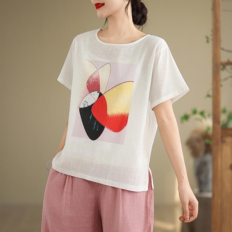 Women s Retro Cotton Linen Printed Loose Short Sleeve Top Medium
