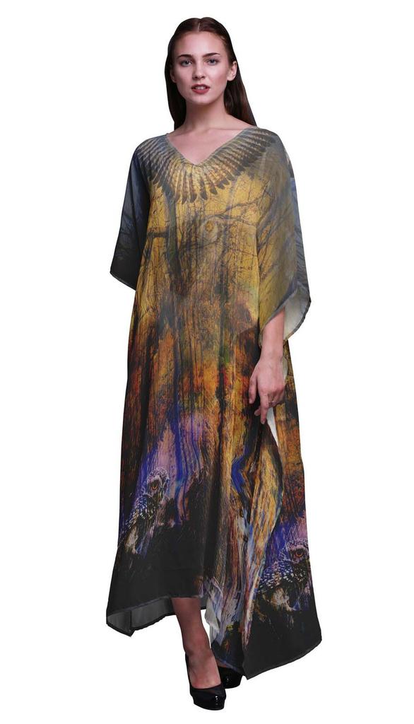 Phagun Owl Jungle Long Caftan Maxi Dress Beach Swimwear Cover Up Womens