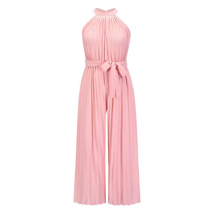 Women Summer Halter Sleeveless Lace Up Slim Wide Jumpsuit Pleated One Piece Trousers