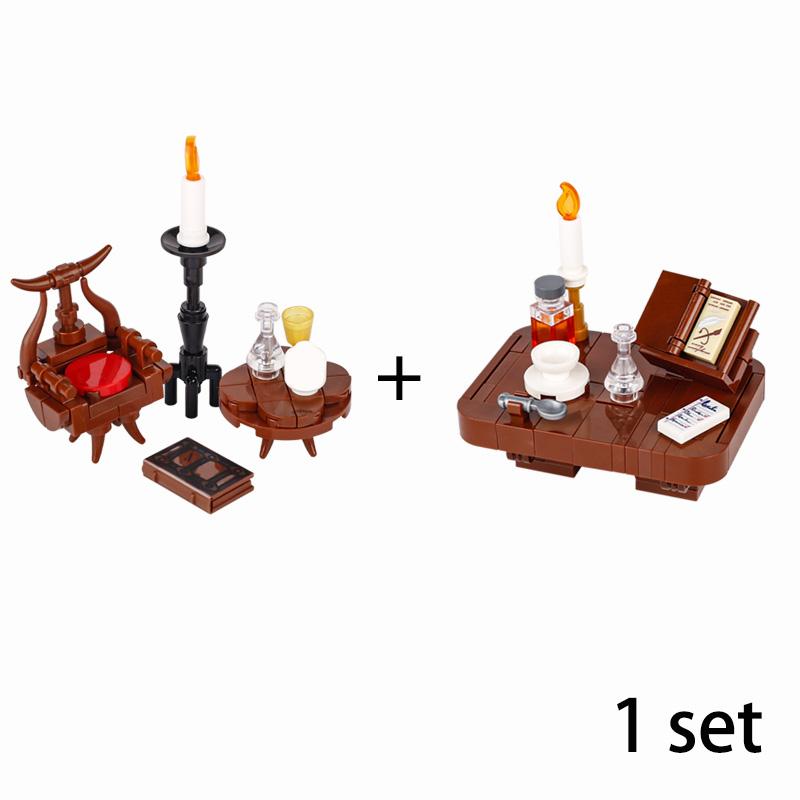 MOC Steine Mittelalter Alchemie Raum Küche Zauberer Trank Bausteine Teufelsquelle Schloss Straßenlaterne Hexen Figuren Szene Schädel