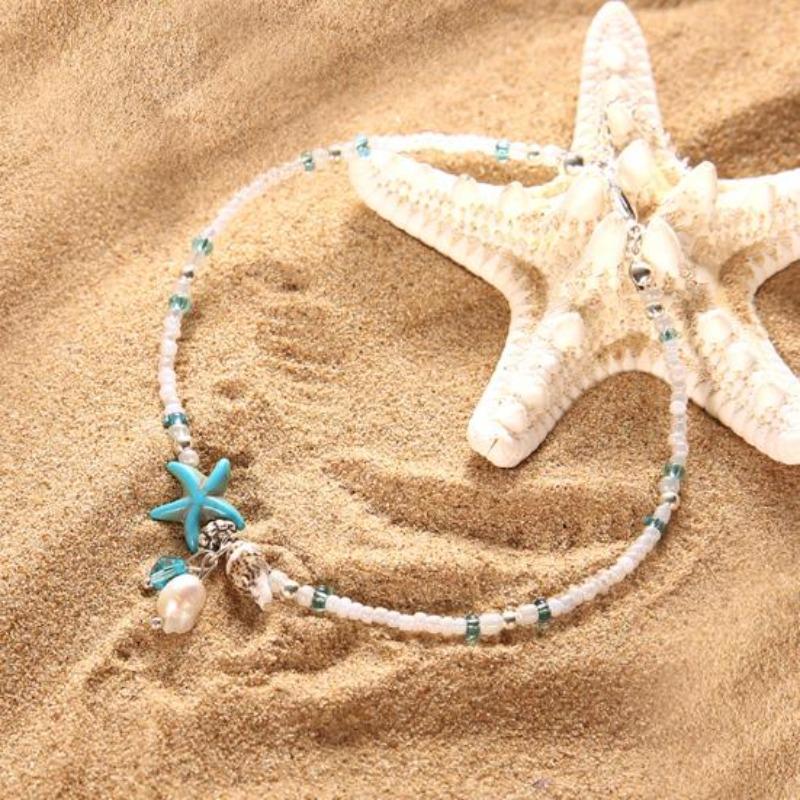 Boho Lady perles étoile de mer charme pieds nus sandale pied chaîne cheville bracelet de cheville