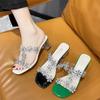 Rhinestone flower high heels 2025 summer skin tone thick heel crystal shoes Internet celebrity one font transparent high heel slippers women