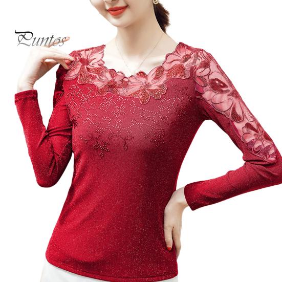 

Женские топы с круглым вырезом и длинным рукавом, сетчатые кружевные вышитые пуловеры, однотонные облегающие блузки на каждый день 4XL