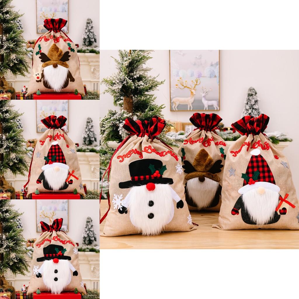 Cartoon Style Christmas Burlap Gift Bags Featuring Merry Snowman Reindeer Design