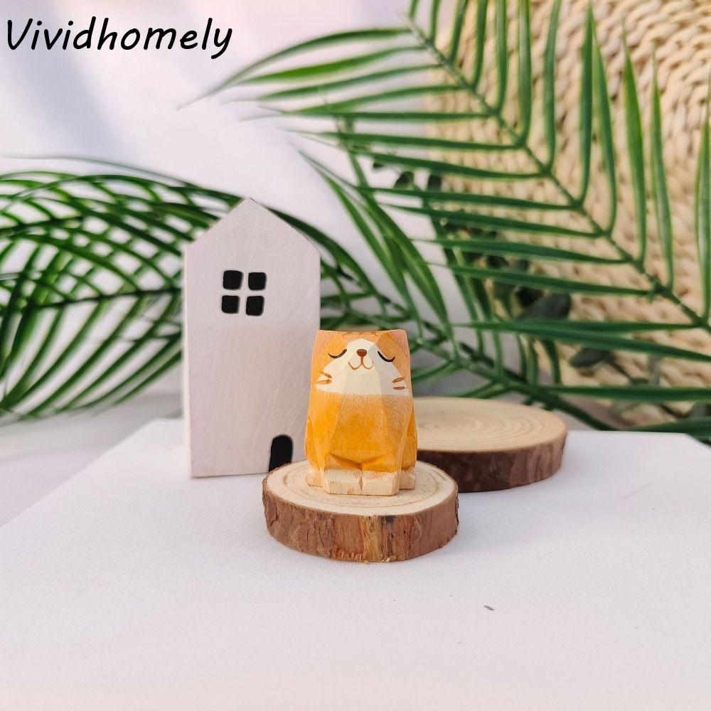 Desktop Accessories Mini Wooden Animal Figurine Painted Creative Cat Dog Statues Cute Kitten Sculpture Desktop