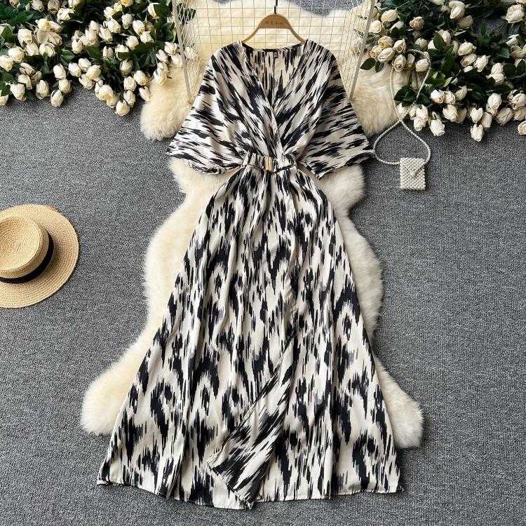 Vintage Elegant V Neck Split Print Short Sleeve Dress Chic Slim A Line Vestidos Summer Vacation Party Women Fashion Dresses
