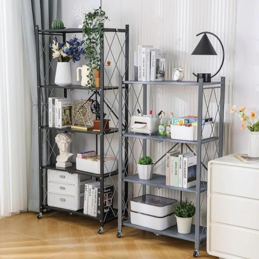 Foldable Metal Storage Rack Multifunctional Living Room Shelf Multilayer Installation Free Kitchen Organizer Trolley Bookshelf