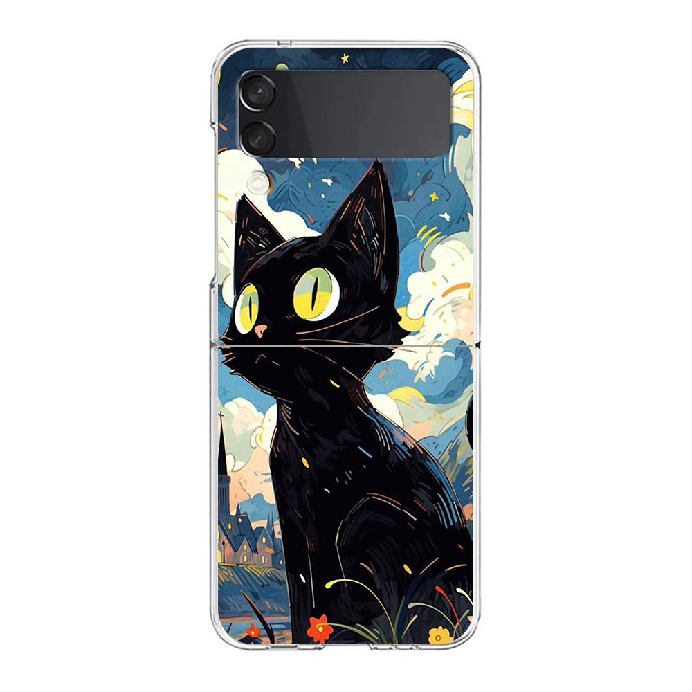 Artistic Black Cat Starry Night Phone Case For Samsung Galaxy Z Flip 3 4 5 Hard Folding Clear PC For Samsung Z Flip 6 Back Cover