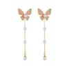 Gold Enamel Butterfly Pearl Drop Earrings