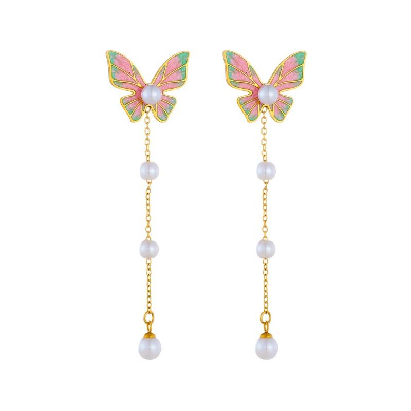 Gold Enamel Butterfly Pearl Drop Earrings