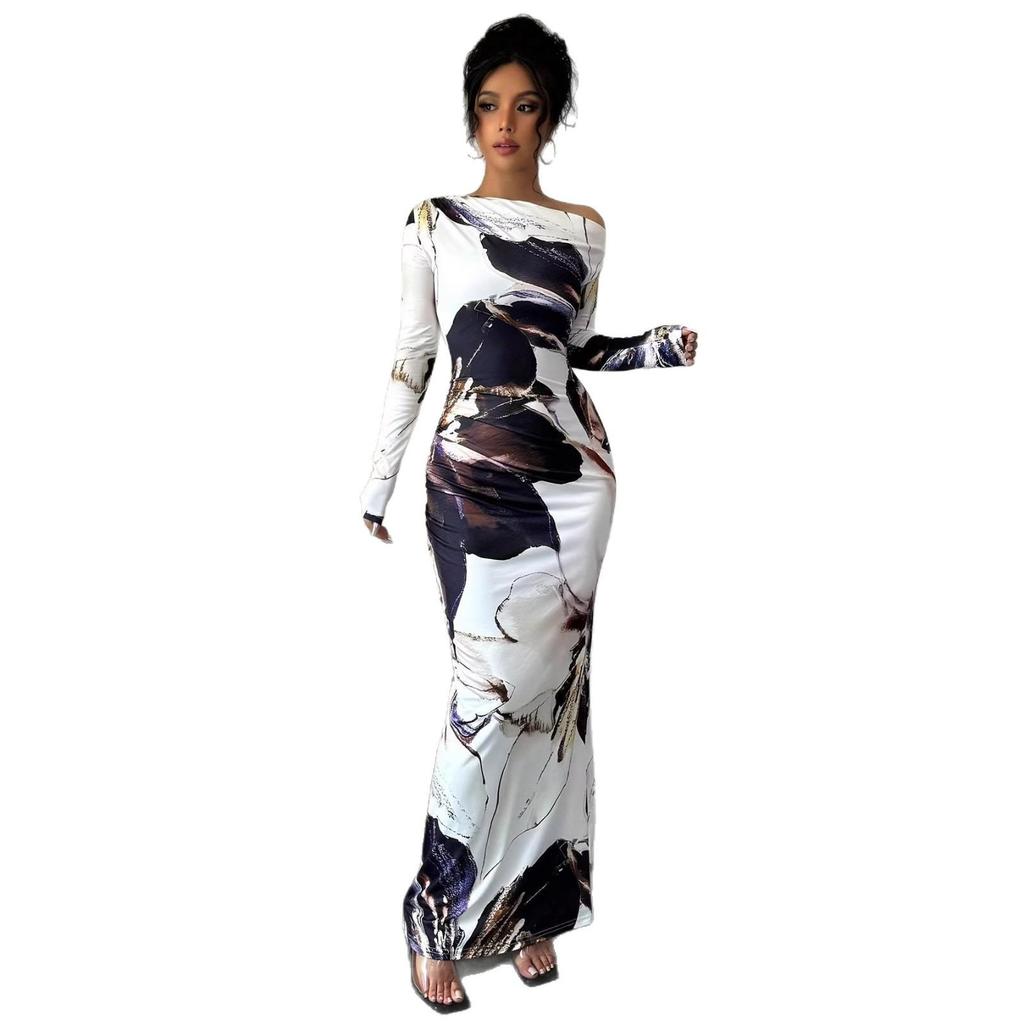 2026 One-Shoulder White Floral Slim-Fit Maxi Dress for Women