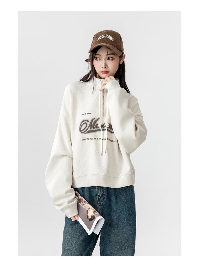 Europäischer Stil Stehkragen High Waist Sweatshirt für Damen - Übergröße, Schlankmachend, Lockere Passform, Kurzes Oberteil für Frühling & Herbst 2025