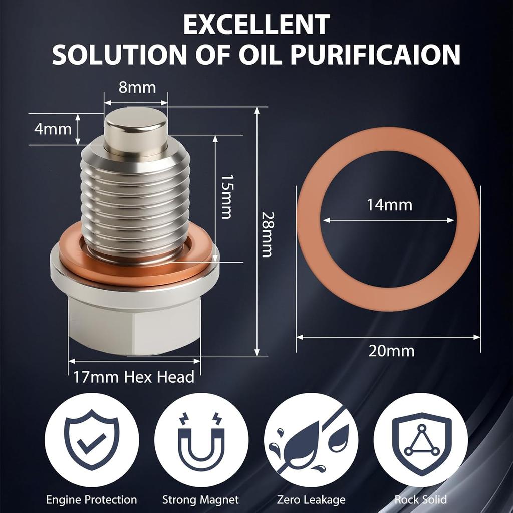 M14 X 1.5 Magnetic Stainless Steel Oil Drain Plug Sump Drain Nut Bolt with Copper Gasket Crush Washer Compatible with Most Ford, GM, Hyundai, KIA and