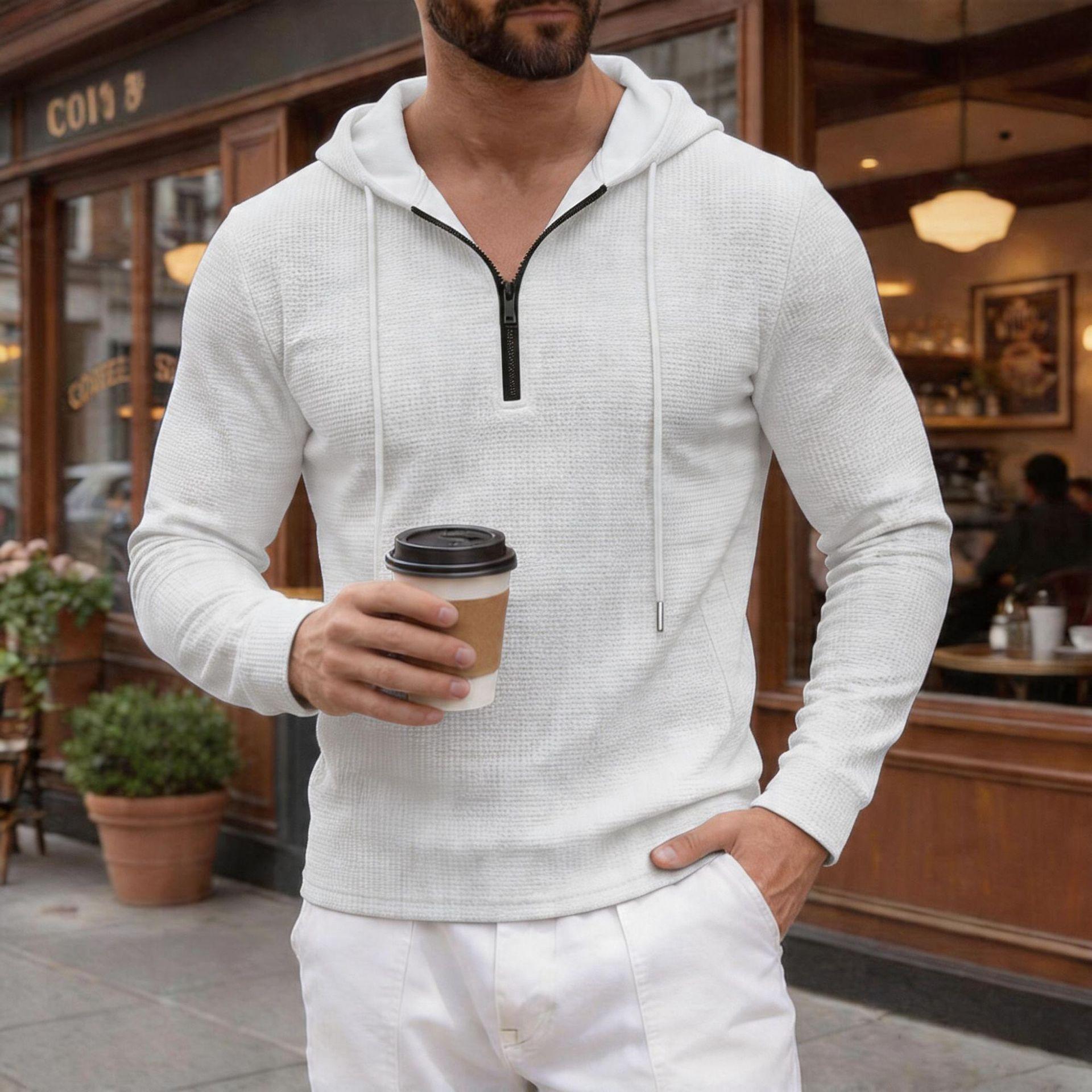 Mens Waffle Hooded Half Zip Long Sleeve Loose Casual Sweatshirt S белый
