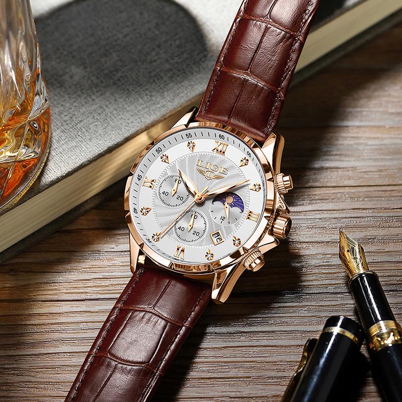LIGE Casual Mens Watches Business Man Watch Luxury Luminous Chronograph Date Waterproof Wristwatch Quartz Watches Leather Clock