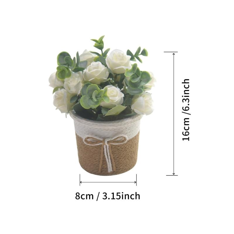 Artificial Rose Flower and Leaves Bouquets In Small Vase Faux Flowers Potted Plant for Home and Office Table Decoration