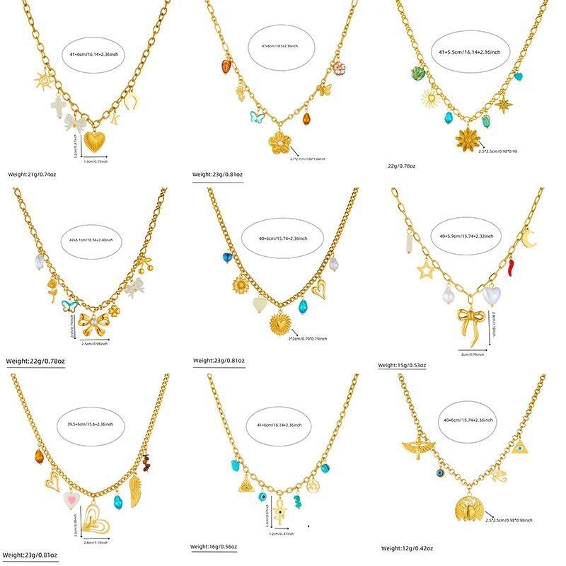 Vintage Multi Element Heart Bow Shell Cherry Cross Eye Chain Necklace