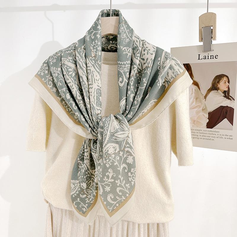 High-end  Elegant and Fashionable Temperament  Herringbone Square Scarf  Korean Niche Retro Ladies Plant Floral Printed Silk Scarf