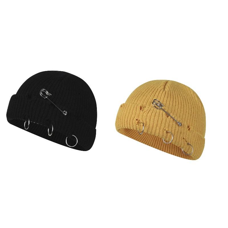 Women Girls Y2k Gothic Beanie Winter Knit Hats Trendy Metal Rings Pin Hip Hop Streetwear Harajuku Skull Cap Emo Scene Grunge