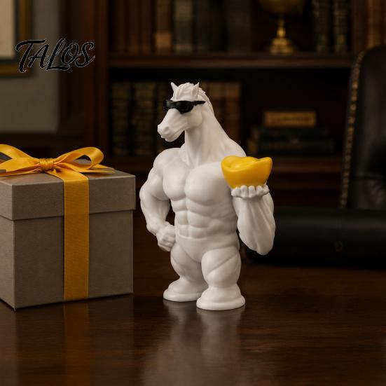 Coole Tierfigur 3D-gedruckte muskulöse Pferdefigur, Skulptur mit Sonnenbrille & Goldbarren, Kreative Desktop-Statue für Erfolg und Wohlstand
