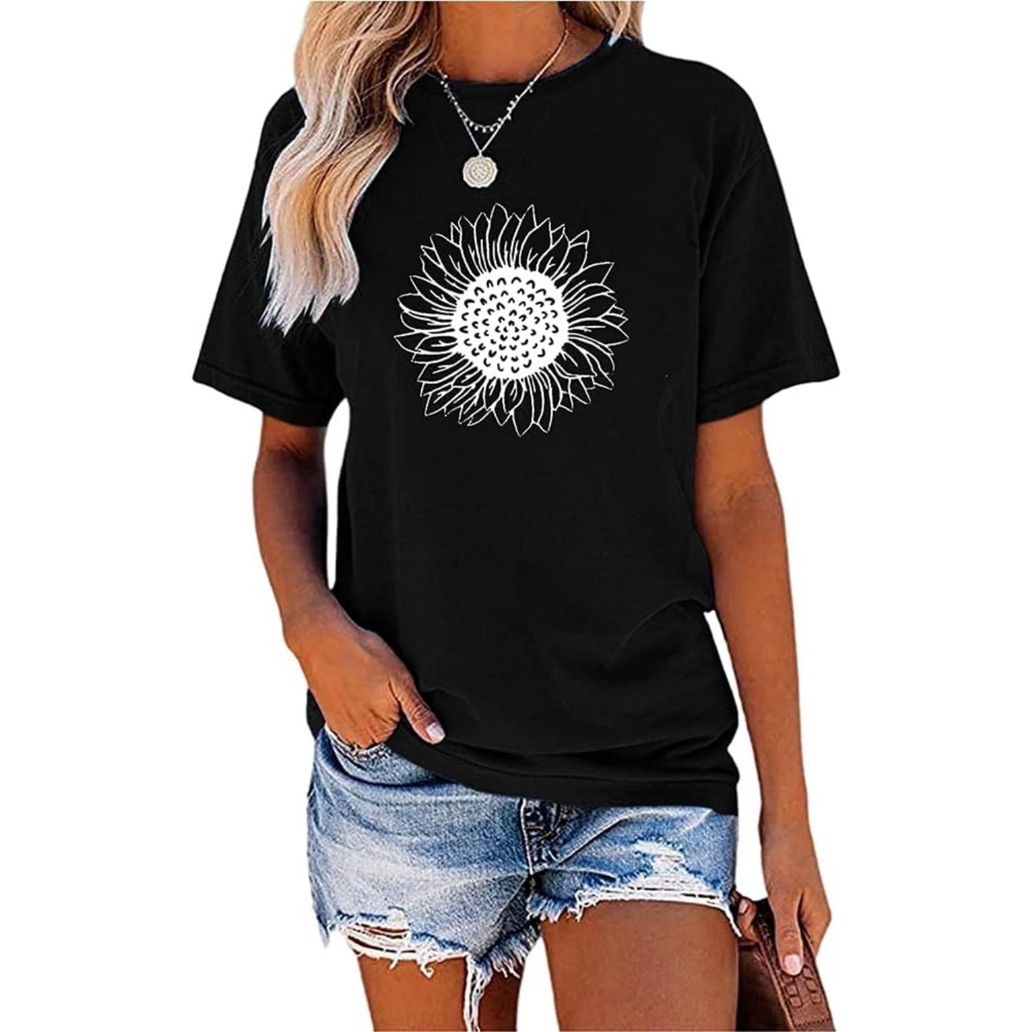 MaQiYa Womens Cute Sunflower Graphic Printed Tee Shirts Vintage Short Sleeve Cotton Shirts Tops S чёрный