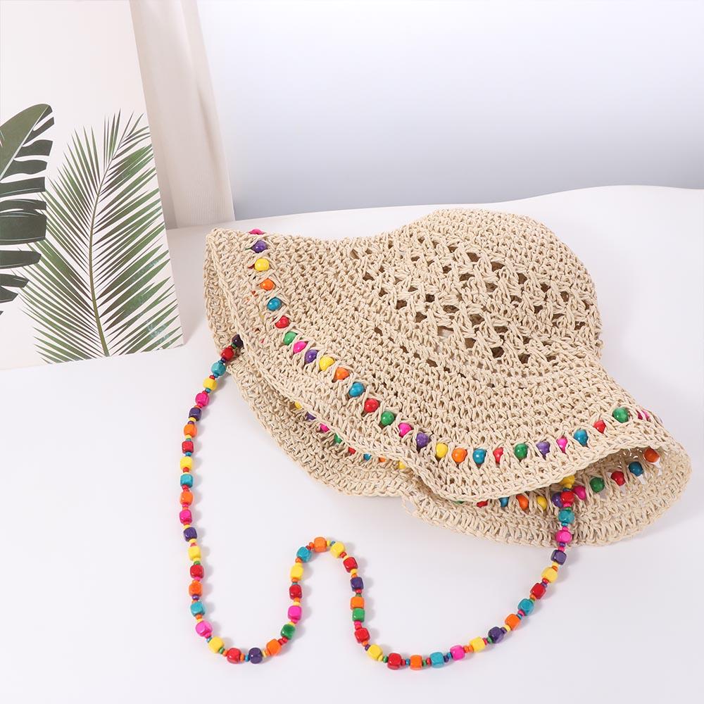 Pastoral Style Big Brim Sun Hat Colored Beads UV Protection Cap Foldable Women Straw Hat Girls