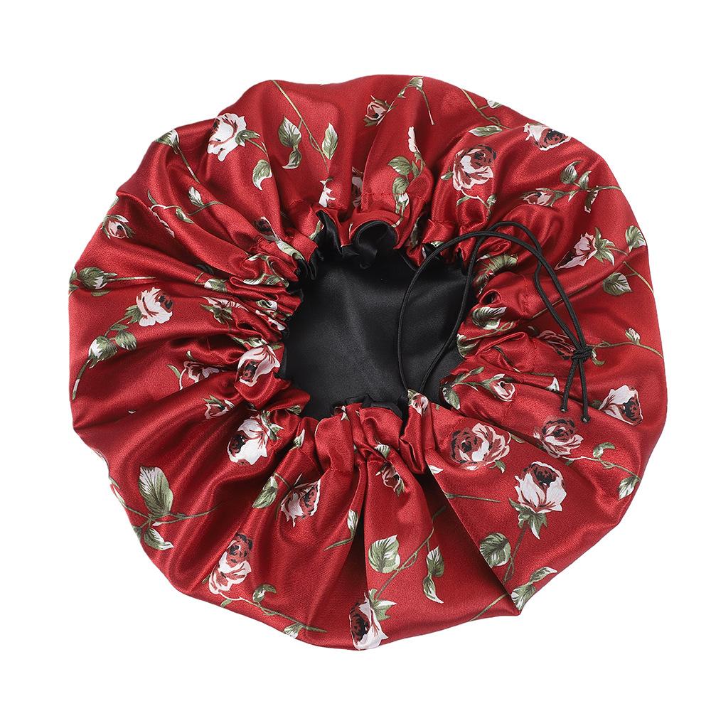 Floral Print Double Sided Satin Shower Cap Adjustable Silky Hair Bonnet for Women Bath Spa Swimming Hair Care