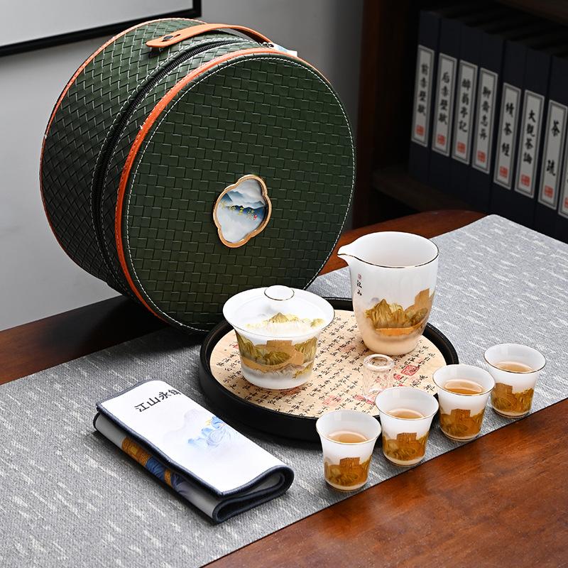 Ice Suet Jade Porcelain Travel Tea Set Outdoor Portable Ceramic Cover Bowl Tea Cup Complete Set Business Souvenir