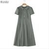 ZANZEA Womens Casual Lapel Collar Solid Color Short Sleeve Elegant  A-line Dress