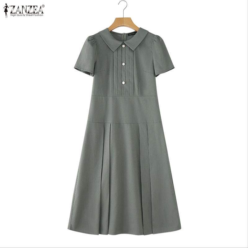 ZANZEA Womens Casual Lapel Collar Solid Color Short Sleeve Elegant A-line Dress