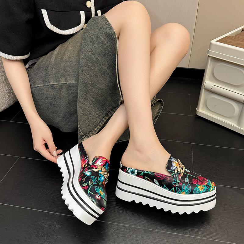 Metallkette Baotou Slipper Damen Quadratische Zehenpartie Mittelhoch Bedruckt Rutschfest Plateau Halbslipper